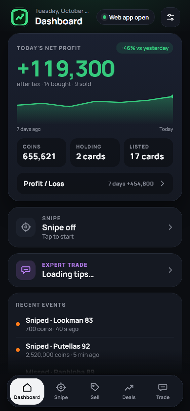 FUTGain phone app - Dashboard